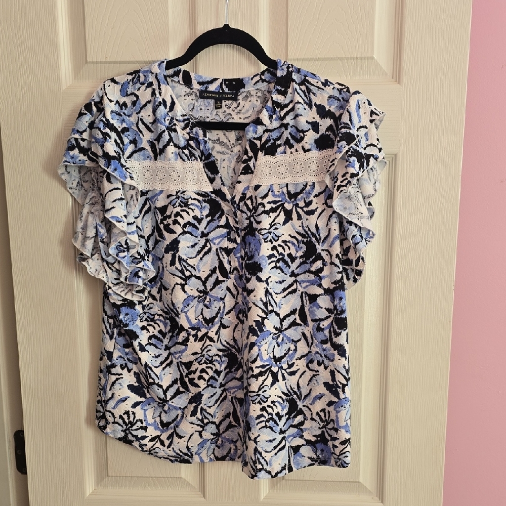 Adrienne Vittadini Blue and Black Floral Blouse
